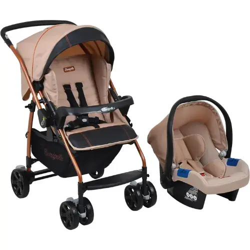 Travel System Burigotto Rio K com carrinho bege e bebê conforto